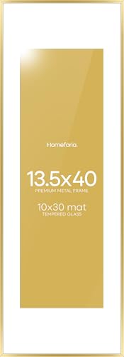 Image of Homeforia 13.5x40 Panoramic Frame Gold, High End Metal 13.5x40 Picture Frames with Mat 10x30 Photo, 13.5 x 40 Poster Frames Matted to 10 by 30 Print, 40x13.5 Frames, Tempered Glass, Wall Kit, Set of 1