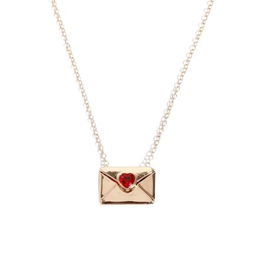 UniLogue Ruby Love Envelope Box Pendant Necklace Opening and Closing Envelope Letter I Love You Proverbs Necklace 18K Gold Plated Brass Necklace (Gold)