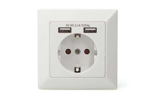 DIGITUS DA-70613 – Unterputz-Steckdose mit USB-A Ladegerät – 2 Stück – 2 USB-Buchsen – 5V / 2,1 A Gesamt – 250 V 50 Hz – Einbautiefe 32 mm – Bedingt Designfähig – Reinweiß RAL 9003