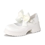 Gemialle Women's Mary Janes Platform Chunky Block Heels Work Wedding Shoes Ankle Strap Gothic Lolita Oxfords Detachable Bow Classic Comfortable Uniform Dress Shoes,White PU 8.5 M US
