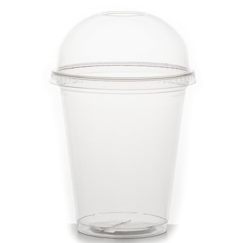 Commerline 100 Stück 200 ml Smoothiebecher inkl. Domdeckel mit Schlitz, Smoothie Plastikbecher to go, Trinkbecher + Domdeckel mit Öffnung, Dessertbecher, Bubble tea becher, Kunststoffbecher