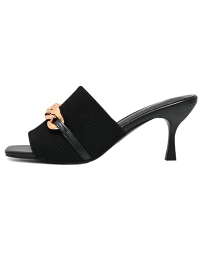 Square Peep Toe Kitten Heels for Women Elastic Knit Low Heel Mules Comfortable Slip on Heeled Sandals Casual Metal Chain Mule Sandal Dressy Shoes for Wide Feet2