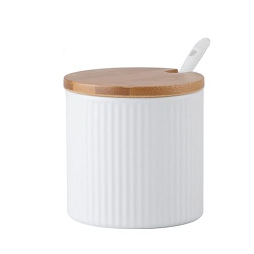 Jarsense Ceramic Sugar Bowl, 300ml Sugar Pot with Wooden Lid and Spoon, Spice Jar in Stripe Shape for Salt Sugar, Coffee, Tea