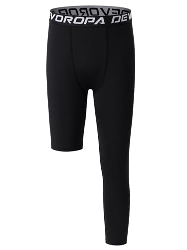 DEVOROPA - DEVOROPA Youth Boys One Leg Compression Pants for Basketball 3/4 Leggings Sports Tights Kids Athletic Soccer Base Layer Black S - -15%