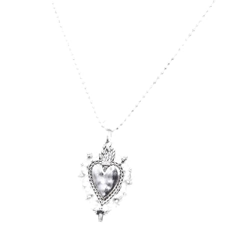 Collier Sacré-Cœur de Jésus en argent 925 vintage et chaîne perlée pour femme et homme
