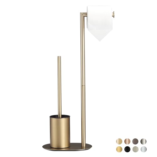 BVL Juego de inodoro en oro cepillado, acero inoxidable con soporte para papel higiénico y escobilla de inodoro