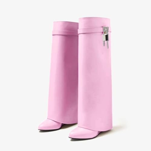 Image of keleimusi Fold Over Wedge Boots Heeled PadLock Pant Knee High Shoes Tall /Short Booties