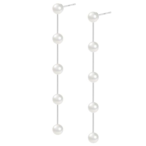 Pearl Dangle Earrings Silver for Women, 14K Gold Vintage dangling white Earrings，925 Sterling Silver Boho Long Tassel Pearl Earrings for Bridal Wedding Birthday