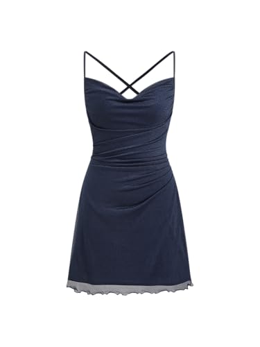 CIDER Ruched Mini Party Dress Cocktail Sleeveless Mesh Lettuce Trim High Waist Mini Dresses