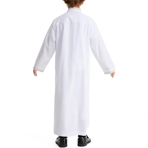 Kids Boy's Muslim Thobe Long Sleeve Embroidered Arabic Kaftan Prayer Clothes Islamic Button Dubai Robe with Pocket4