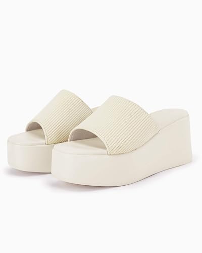 Image of Coutgo Womens Platform Slides Sandals Square Open Toe Slip On Elastic Band Casual Lightweight Wedge Shoes