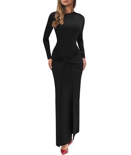 Mojessy Women Bodycon Maxi Dress Sexy Mock Neck Ruched Long Sleeve Long Dress Cocktail Party Dresses