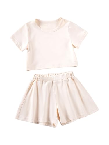 Hansber Kids Girls 2-Piece Solid Color Sports Outfit Round Neck T-shirt with Shorts for Exercise Workout Beige 2-3 Years