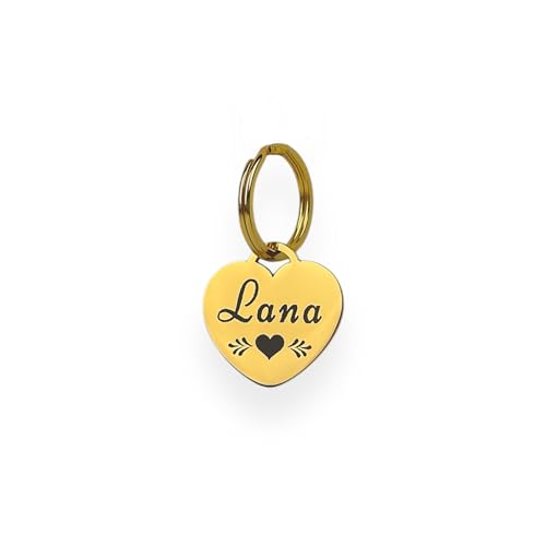Hundemarke mit Gravur | Personalisiert mit Name, Telefonnummer, Handschrift, Pfote, Herz-Form | ⌀25mm Edelstahl Dog Tag, Namens-Anhänger für Hunde-Halsband, Alpaka, Pferd | Gold