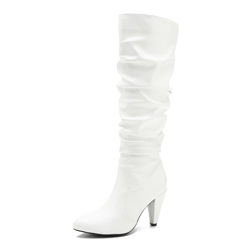 Women's Knee High Boots Pointed Toe Sexy Kitten Cone Heel Slouchy Boots Side Zipper Pleated Leather Tall Boots