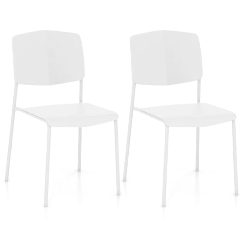 Giantex Plastic Dining Chair, Modern Kitchen Chairs w/Metal Legs, Curved Back, Stackable Armless Chairs, Side Chairs for Dining Room Living Room Home Office Restaurant (2, White, 46 x 54 x 84 cm)