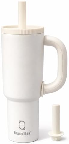 House of Quirk 1200ml Stainless Steel Tumbler with Handle, Straw & Straw Cap | Leakproof Water Bottle | Large Capacity Travel Mug (Vanilla)