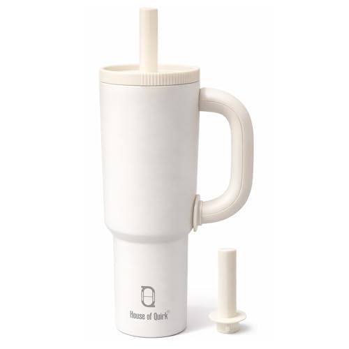 Image of House of Quirk 1200ml Stainless Steel Tumbler with Handle, Straw & Straw Cap | Leakproof Water Bottle | Large Capacity Travel Mug (Vanilla)