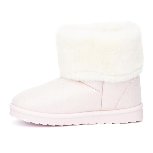 Olivia Miller Kid's Girl Fashion Shoes, Sparkling Stardust Shimmer Faux Suede w Fur Rubber Sole Slip On Round Toe Winter Snow Casual Classic Pull On Slipper Bootie Ankle Boots3