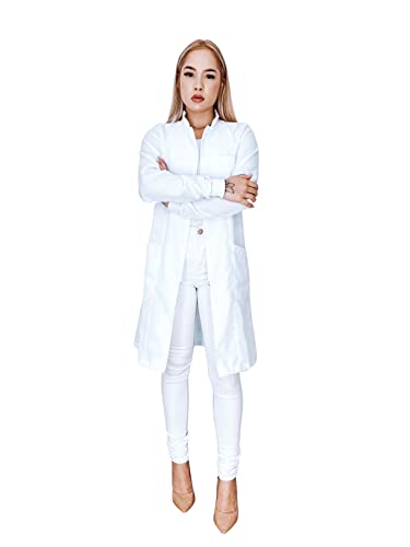 Jaleco Feminino Oxford Ziper Gola Padre, Com Punho, Acinturado, Manga Longa, Branco, Plus Size (M, B