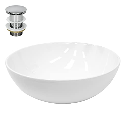 LuxeBath Waschbecken Keramik rund Ø400x147 mm Weiß mit Ablaufgarnitur Silber, Aufsatzwaschbecken für Badezimmer/Gäste-WC, Modernes Aufsatzbecken, Waschtisch Waschschale Waschplatz Handwaschbecken