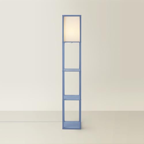 Image of ValueLights | Struttura Pastel Blue Wood Shelving Floor Lamp with Fabric Shade with LED Bulb | Floor Lamps, Home Décor & Improvement Essential | Included LED Bulb