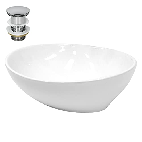 ECD Germany Lavabo Cerámico Ovalado con Agujero Conexión Estandar - Blanco - Lavamanos sobre Encimera - 410 x 330 x 142 mm - Diseño Moderno - Fregadero con Juego de Desagüe - Realza Cada Baño o Aseo