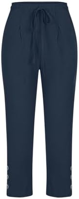 Summer Cotton Linen Capri Pants for Women High Waist Drawstring Straight Leg Capris Casual Beach Cropped Lounge Pant Navy — view 3
