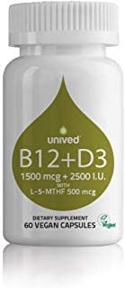 Unived Vegan B12 + D3, Vitamin B12 (1500mcg Methylcobalamin), Vitamin D3 (2500IU, Lichen), Vitamin B9 (500mcg 5-MTHF) & Alfalfa, Supports Immune Bone & Heart Health, Energy & Metabolism, 60 Vegan Caps
