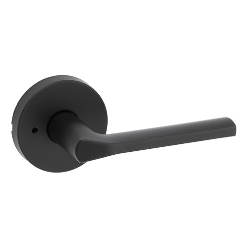 Kwikset Lisbon Interior Privacy Door Handle with Lock, Round Lever for Bathroom and Bedroom, Matte Black Reversible Keyless Push Button Lock Door Lever, with Microban Protection by Kwikset - Used condition - US$17.10