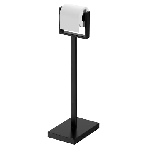 Black Toilet Paper Holder Stand，Stainless Steel Toilet Paper Holder Free Standing，Stable Weighted Base Floor Tissue Roll Holder for Bathroom，Modern Pivoting Toilet Paper Stand