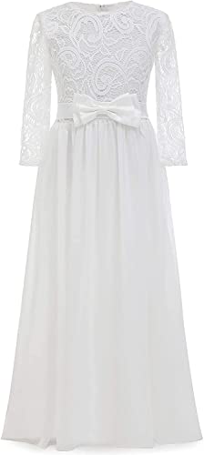 Vestido largo de encaje para niños, estilo boho, manga 3/4, vestido de gasa con cinturón y lazo, línea A, vestido de cóctel para dama de honor, vestido de niña de 2 a 12 años..., beige, 6 años Cover