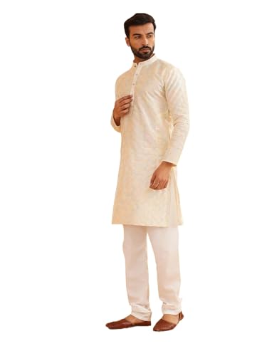Sojanya (Since 1958 Men'S Silk Blend Cream Kurta With Multi Color Embroidery And Off-White Pyjama
