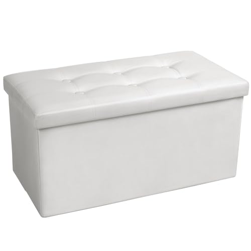 COSYLAND Pouf de Rangement Pliable en Similicuir – Ottoman avec Couvercle 76x38x38 cm, Banc Coffre Repose-Pieds 200 kg, Tabouret de Salon avec Espace de...