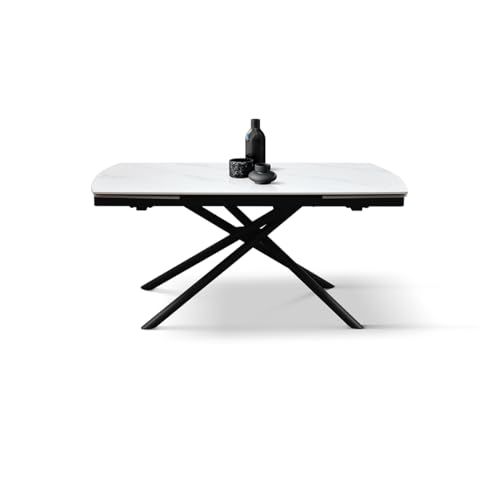 PAZZO DESIGN Table extensible Geremia, plateau en céramique blanc statuaire, pieds en métal tubulaires noirs, cuisine, salon, céramique, 140 x 90 x h75 cm -...