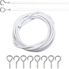 White Curtain Wire Set with Hooks, 16 Pieces, Screw Eye Hook Hardware Kit