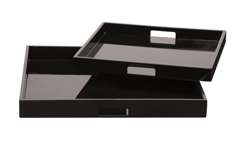 Image of Howard Elliott Collection Premium Wooden Serving Tray with Handle, Glossy Black Finish Decorative Square Wood Tray Set Platters for Ottoman, Breakfast, Parties, Weddings, 20 x 20 Inch