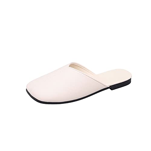 Slippers Women Women Summer New Elegant Square Closed Toe Flat Slippers Female Shoes Casual Leather White Slides