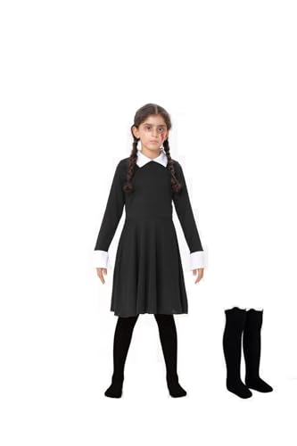 Halloween Girls Black Dress Black Long Sleeve Collar Costume with High stocking 4-12 Years