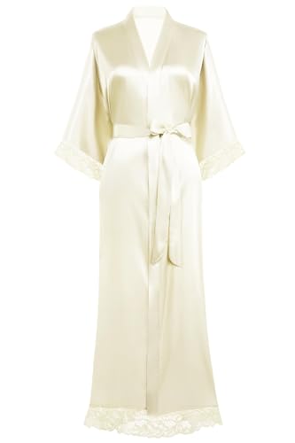 Image of BABEYOND Satin Kimono Robe Silky Long Bridesmaid Wedding Lightweight Bath Robe with Lace Trim