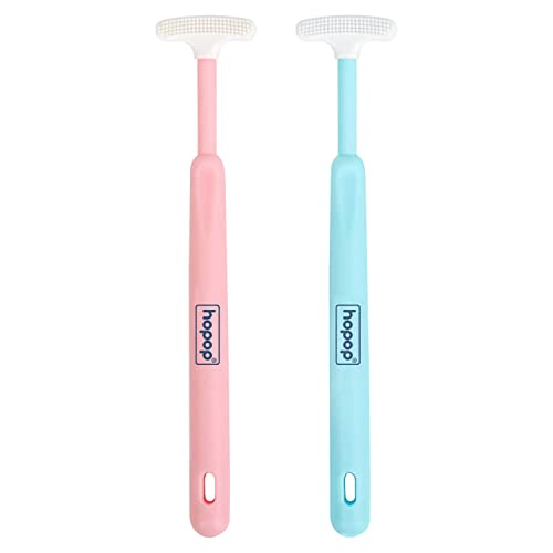 Image of Hopop Tongue Cleaner for Baby | Tender Baby Oral Cleaner Toothbrush with Silicone Scraper | Suitable from 6+ Months | 100% Safe Kids Tongue Cleaner | Pack of 2 | Blue & Pink