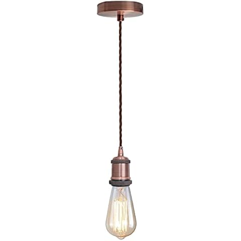 LEDSone Copper Vintage Metal Ceiling Pendant Light Fitting, Brown Twisted Braided Flex 1m Cable, E27 Lamp Holder Suspended Pendant Light Fitting Kit for Indoor Lightings (Copper) Cover