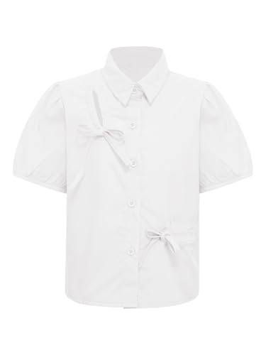 Kids Girls Puff Short Sleeve Blouse Cute Bow Tie Front Summer Top Collared School Button Down Shirt3