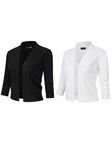 GloryStar Women’s 3/4 Sleeve Cropped Cardigan Sweaters Open Front Knit Short Bolero Shrugs Black+White M