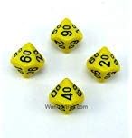 Wondertrail WCXPQ1102E4 Yellow Opaque Dice with Black Numbers 10s D10 Aprox 16mm (5/8in) Pack of 4 Dice Chessex