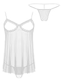 Mufeng Babydoll Lingerie Erotico Uomo Sexy Sleepwear Dress E Gstring Set Durchsichtiges Netz Nachthemd Schlafanzug Morgenmantel Komplett Unterwäsche Underwear Weiß XL
