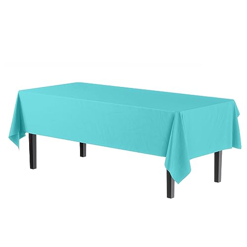 Image of Party Solids Aqua Blue Rectangular Plastic Tablecloth - 54x108 Inch, Pack of 24