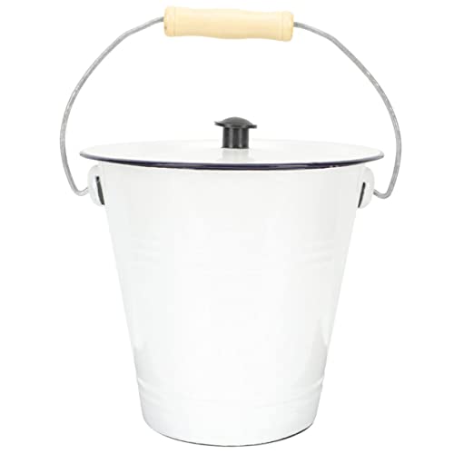 PRETYZOOM Enamel Bucket with Lid, Enamelware Compost Bin Metal Pail Trash Can Dog Food Container Rice Dispenser Flower Vase Chamber Pot for Home Garbage 7L