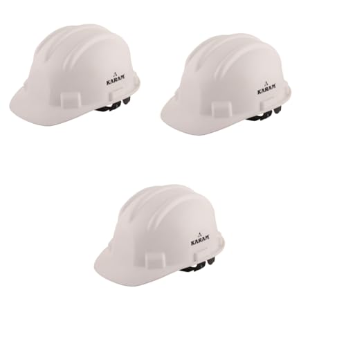 Image of KARAM PN521 Safety Helmet for Men Construction Helmet | Ratchet Type Adjustment with Adjustable Chin Strap | Work Helmet with Side Slot for Attachment | is:2925:1984 Certified | White (Pack of 3)