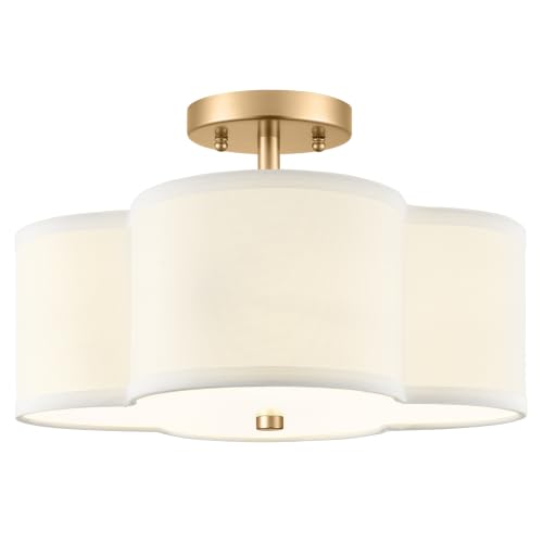 Image of 13.6 inch Gold Semi Flush Mount Ceiling Light with Fabric Shade